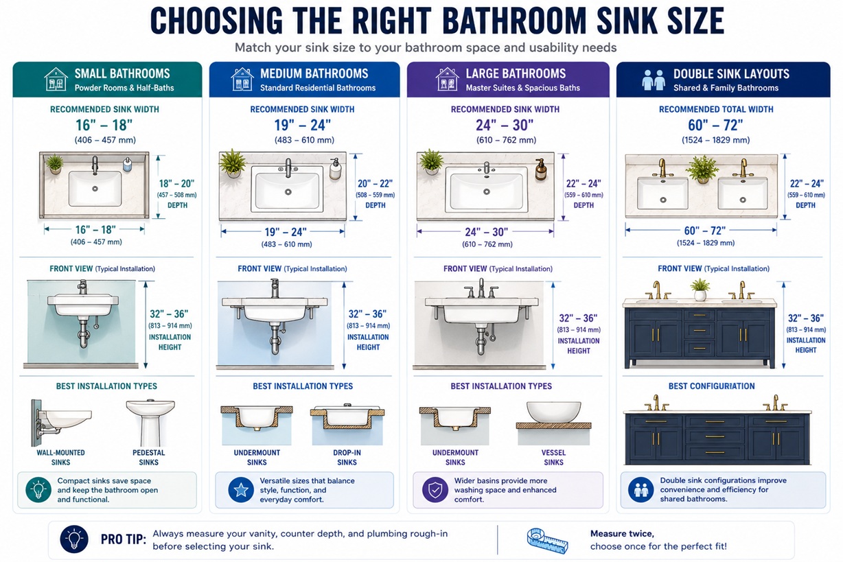 Large bathroom sink dimension planning guide showing sink width, bowl depth, installation height, counter depth, vanity compatibility, faucet reach, plumbing location, and installation considerations